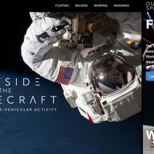 Screenshot of a museum website on fifty years of spacewalks. The website features two images of astronauts during a spacewalk, and another astronaut walking on the Moon.