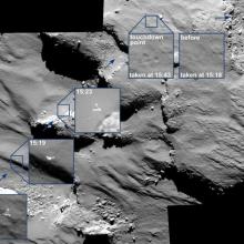 Different perspectives of a small spacecraft landing on a comet from the perspective of its mother spacecraft. The comet has a gray, rocky appearance.