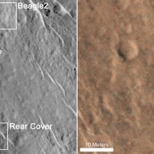 Two satellite perspectives of the area near the Beagle 2 Lander landing site. The left perspective shows the approximated landing sites of the lander, parachute, and cover. The right view shows a closer view of where the Beagle 2 Lander landed on Mars.