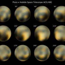 A set of different angles of Pluto from the perpsective of the Hubble Space Telescope. Each angle is taken thirty degrees apart, meaning some features of Pluto are visible from certain angles while others are not.