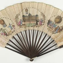 Decorative fan with three pieces of artwork depicting the first hydrogen balloon. 