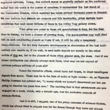 A typed, black ink manuscript written by Arthur C. Clarke. The manuscript is discussing science fiction and technology in development at the time.