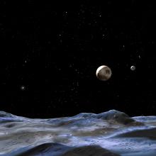 An artist's depiction of Pluto, a dwarf planet, and Charon, Pluto's largest and closest moon, from the perspective of being above another smaller moon belonging to Pluto.