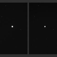 Two views of a white star in an otherwise mostly black sky. The white star in the left view image is at full brightness, whereas the right view shows the star at one third of its full brightness.