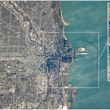 Satellite view of the city of Chicago and the adjacent Lake Michigan. A close-up panel shows the city in further detail.