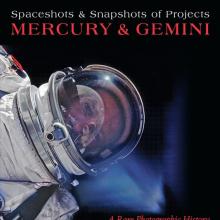 Cover of a book displaying images during Projects Mercury and Gemini. The cover features an image of an astronaut wearing an astronaut suit in what looks like space.