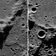 Two radar views of the same area of the Moon. The left view shows less prominent shadows compared to the right view.