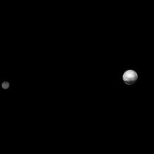 Disc perspective of Pluto, on the right, and Charon, a moon of Pluto, on the left.