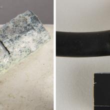 Comparison views of a microphone connector before and after conservation treatment. On the left, the connector has not received conservation treatment and is showing signs of corrosion based on its white appearance. On the right, conservation treatments have been performed and the connector has a mostly gray appearance.