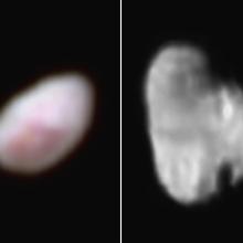 Blurry, close-up perspectives of two of Pluto's moons. Nix is seen in color on the left side as a semi-spherical celestial body. Hydra is on the right side in grayscale, and also appears as a semi-sphere.