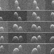 A set of 30 different radar perspectives of a peanut-shaped asteroid during its closest approach to Earth.