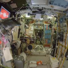 Interior view of a module that is part of the International Space Station.