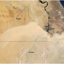 Satellite view of the deserts of southern Egypt and northern Sudan, where a dust storm is visible on the satellite.