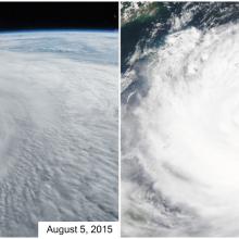 Two views showing different perspectives of a large typhoon in the Pacific Ocean. The left view shows the cloud formation from the International Space Station, while the right view shows a satellite view of the typhoon.