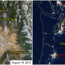 Two satellite perspectives of the Northwest United States region during a wildfire outbreak. The left view shows orange clouds of smoke visible from satellite. The right perspective shows lights visible from cities at nighttime as well as fires bright enough to be visible.