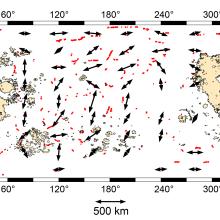 Map showcasing a specific type of fault scarps, or fault lines where surfaces have risen or sunk, on the Moon. Red lines indicate the fault scarps.