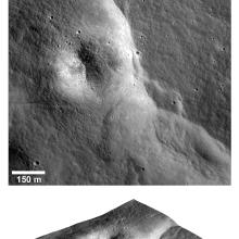 Two views of a large fault line of land rising on the Moon known as a fault scarp. The top view shows the downward-facing satellite view while the bottom view shows the perspective of what humans would see if they were on the Moon, looking at the fault scarp.