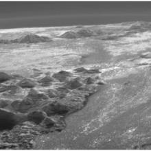 Close-up view of part of Pluto's icy, terrestial surface.