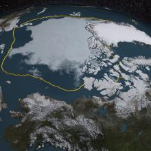 View of sea ice in the Arctic Ocean with a yellow line depicting the average minimum extent.