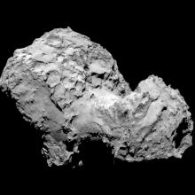 The body of two cratered comets which have combined into one larger crater.