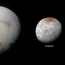 A set of disc views of Pluto and three of its moons, at scale. Each celestial body is labeled.