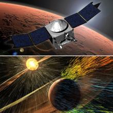 Two artist depictions involving Mars. In the first depiction, a spacecraft with a box-shaped base and multiple solar panels on two ends. The spacecraft is travelling over Mars. The second depiction shows a solar storm affecting the upper atmosphere of Mars.