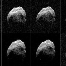 Eight radar perspectives of an asteroid during its closest approach to Earth.