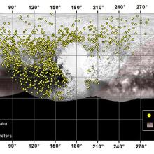 Geographic map of Pluto, a dwarf planet, with craters highlighted as a light green circle.