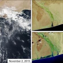 Three satellite perspectivess of the Arab Peninsula and the coast of Yemen prior, during, and after Cyclone Chapala made landfall. The left view shows the landfall of the tropical cyclone, while the view on the top right shows the coast prior to landfall and the bottom right view shows the coast following landfall. The after landfall view shows many areas of standing or flowing waters not seen prior to landfall.