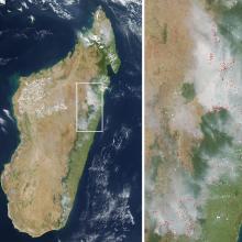 Two satellite perspectives of Madagascar. The left perspective shows the whole island while the right perspective reveals fires burning on the eastern part of the island with smoke visible.