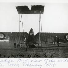 Military biplane in nosed over position. Caption written below photo is incorrect. It is an earlier plane model, the Cauldron G-3 is the model instead of the Cauldron G-4 mentioned.