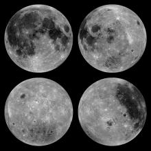 Four disk views of different areas of the Moon, with the disk views seen at the highest point of brightness on the Moon. Darker areas represent basalt rock.