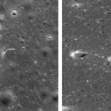 Two sections of the Moon with a flat surface and minimal craters. The left section is known to be the landing site of a Chinese rover, where the right side is the landing site of a Chinese robotic spacecraft.