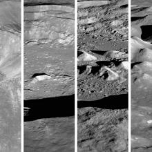 Four separate views of mountain formations on the Moon.