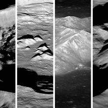 Four different perspectives of mountain formations on the Moon.