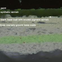 Labeled cross section of layered paint on a spaceship studio model for the television show Star Trek. The bottom layer is a dark gray, but future layers show a lighter gray and then green paints used to restore the paint on the model.