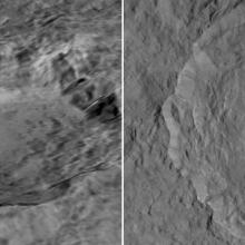 Two close-up views of a crater on Ceres, a dwarf planet, with a nearly-white spot inside a crater that is much brighter than the rest of the planet.