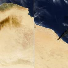 Two satellite views of an area of Libya where oil fires are taking place. The second view shows a better view of the black plumes of smoke rising from the fires.