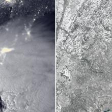 Two satellite perspectives of a large winter storm system with a red arrow pointing out the Washington, D.C. area. The left view shows the snowstorm over the area whereas the second view shows the aftermath of the snowstorm.