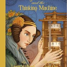 A book cover of a woman with a fancy hair do looking at a calculating machine.