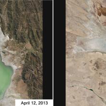 Two views of a large lake in the mountains of Bolivia. The left view shows a full lake whereas the second view shows the lake dried up.