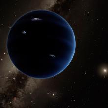 Artist concept of a dark blue planet that is hypothesized to exist far in the depths of the solar system.