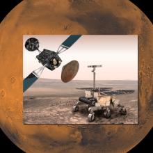 Artist concept displaying all three components of a Mars exploration program. A rover, orbiter with a box-shaped base and solar panels on two sides, and conic-shaped landing module are all present in the concept.