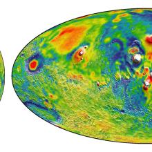 Two maps displaying gravity on Mars. White colors represent the highest areas of gravity whereas blue colors represent lower areas of gravity.