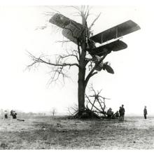 Aftermath of a biplane which has crashed into a tree, with bystanders looking at the damage.