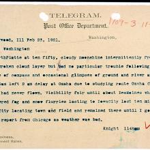 Telegram message written to the Post Office Department by pilot Jack Knight describing his experiences on a new flight path.