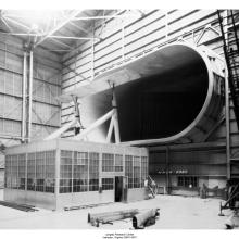 Frontal view of a wind tunnel that could fit whole planes due to its size.