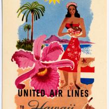 Promotion of United Air Lines flights to Hawaii, featuring artwork of a Hawaiian woman on a beach as well as a hibiscus and conch shell.