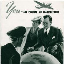 Black and white American Airlines travel brochure promoting the airline following World War II. The brochure features an image of two people and a pilot looking at a large globe.