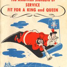 Brochure cover for an international airline with a magic carpet transporting a king and queen across the Atlantic Ocean.